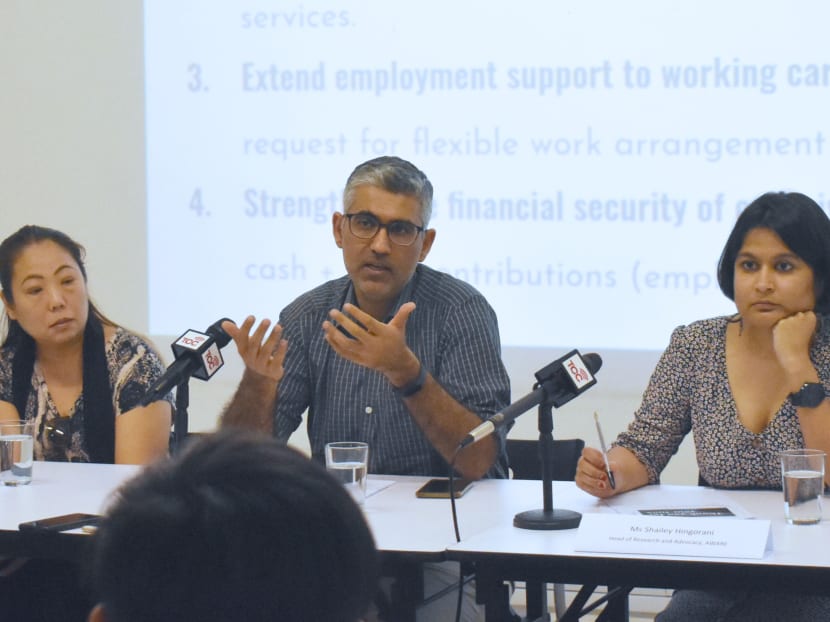 From left: Ms Kris Foo, a caregiver; Assistant Professor Rahul Malhotra, head of research at the Centre for Ageing Research and Education at Duke-NUS Medical School; and Ms Shailey Hingorani, head of advocacy and research at Aware, releasing a study on caregiving on Sept 18, 2019.
