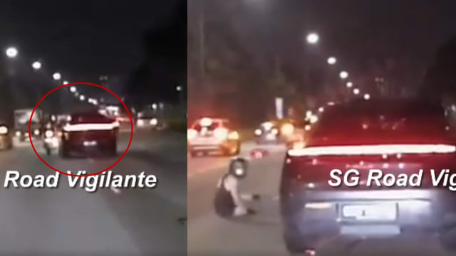 轿车司机撞倒摩托车后逃离  骑士倒地摩托车滚飞数车道    