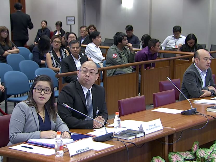 Ms Kirsten Han, a freelance journalist, and Mr Terry Xu, The Online Citizen’s chief editor, attend the sixth day of the public hearings on online falsehoods on March 27, 2018. Photo: Parliament