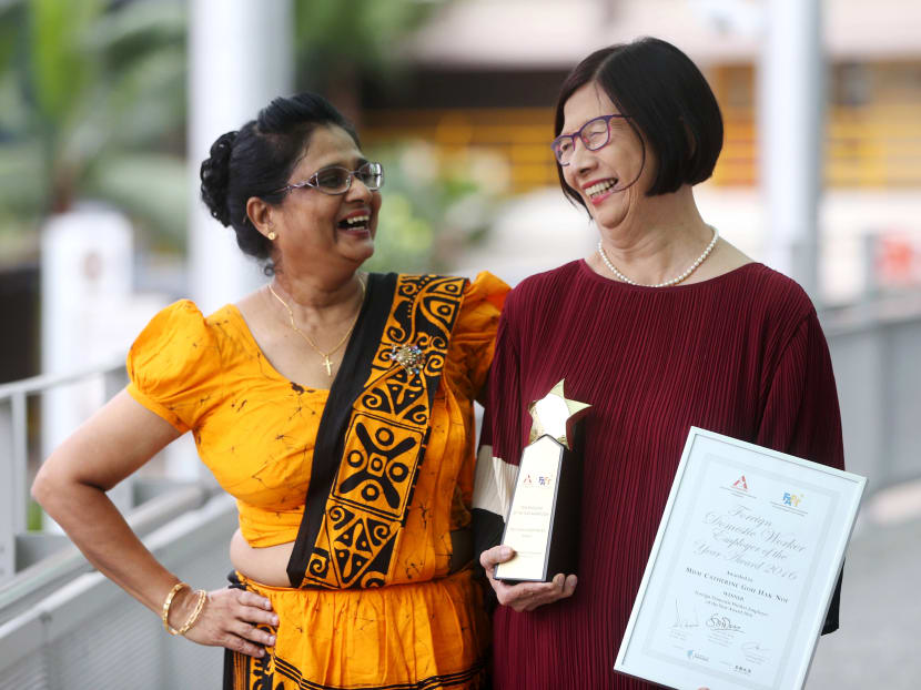 Winner of Foreign Domestic Employer of the a Year 2016 Mdm Catherine Goh Hak Noi with her foreign domestic worker Kanthi Panditha, who nominated her, on Dec 11, 2016. Photo: Ooi Boon Keong/TODAY