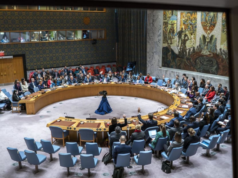 Members of the United Nations Security Council vote on US ceasefire resolution for the Gaza war at the United Nations headquarters on March 22, 2024 in New York City. 