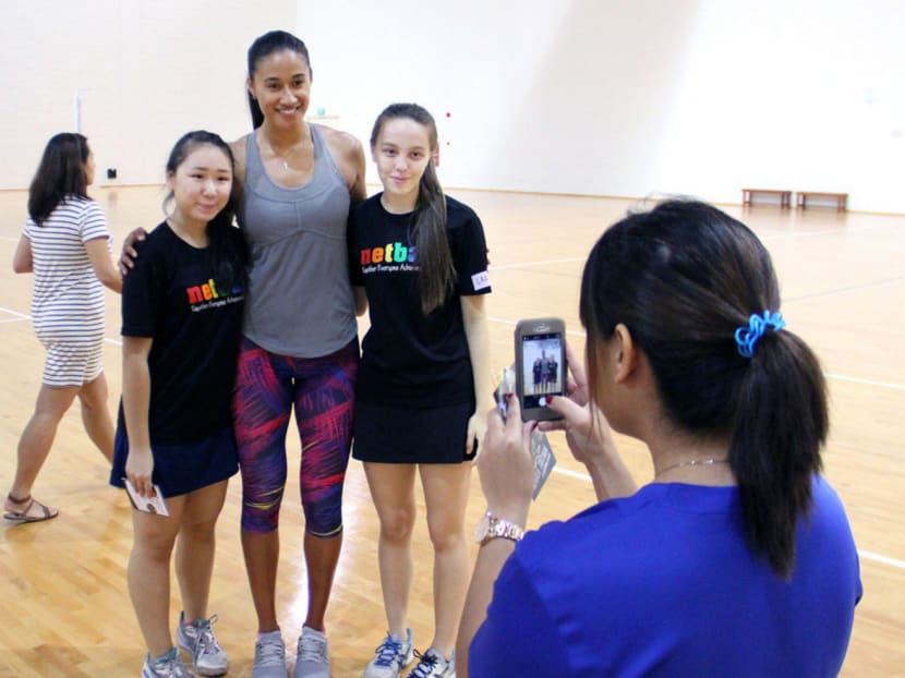 Netball legend Maria Tutaia (third from left) is in town to conduct coaching clinics and shooting sessions. 
Photo: Geneieve Teo