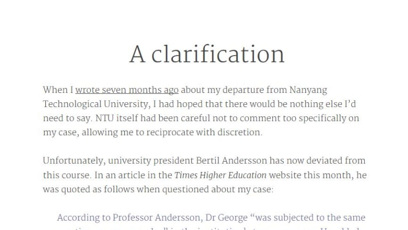Former NTU prof hits out at comments by university president on denial of tenure