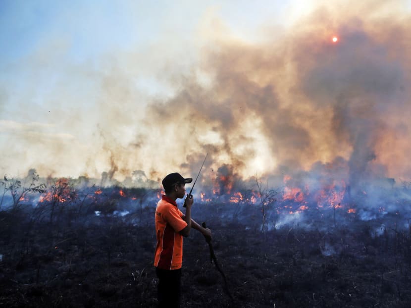 A fireman conversing via walkie-talkie as he and his team battle peatland fires in Pemulutan, South Sumatra, Indonesia. This year, 16 per cent of fires occurred in peatland areas compared with 35 per cent last year, a sign that efforts to stop the fires are helping. PHOTO: AP