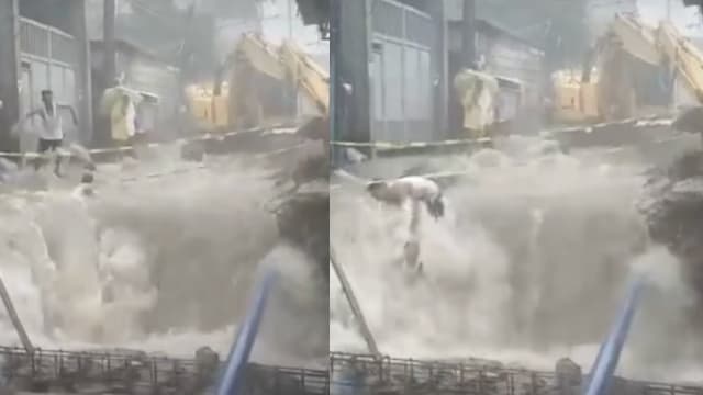 暴雨洪水卷走儿子 父亲奋勇跳坑救儿