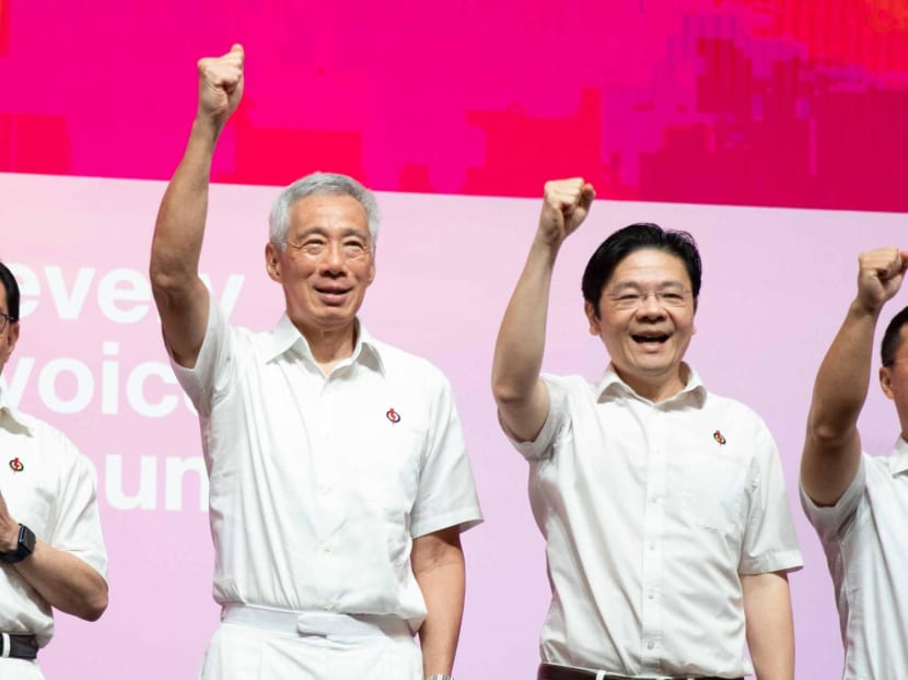 Prime Minister Lee Hsien Loong (left) and Deputy Prime Minister Lawrence Wong at the People's Action Party Convention on Nov 5, 2023. 