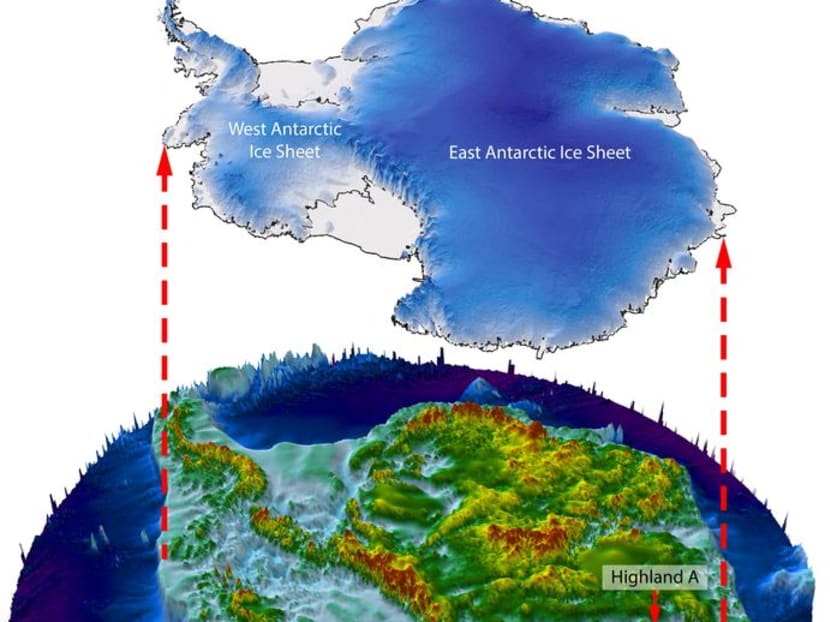 An illustration shows how a landscape the size of Belgium located in Wilkes Land, East Antarctica would appear if the thick ice sheet covering it were lifted away. Stewart Jamieson, Durham University/Handout via REUTERS/File Photo