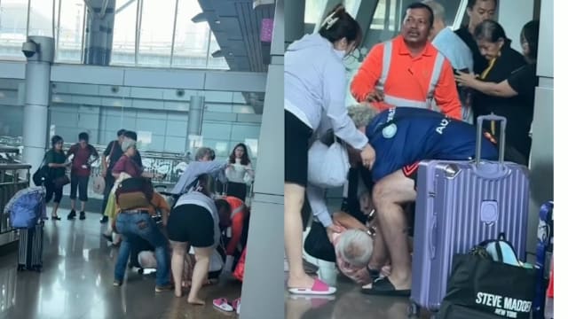 老翁遭扶梯夹脚倒地 众人合力施援暖人心
