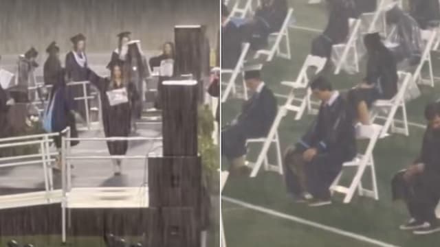 暴雨中办毕业典礼 美国两高中学生变落汤鸡