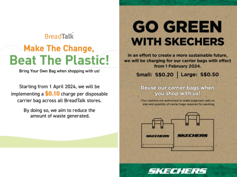 The implementation of extra charges for carrier bags at BreadTalk bakeries (left) and Skechers footwear stores (right) have recently sparked outrage and heated online debates among consumers.