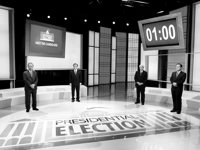 Singapore's 2011 presidential candidates during a Mediacorp TV programme (from left to right): Mr Tan Cheng Bock, Mr Tan Jee Say, Mr Tony Tan and Mr Tan Kin Lian. The presidential candidate does not campaign extensively and is non-partisan. Under these context, there is the temptation for voters to consider the race of the candidate and, potentially, the associated stereotypes. TODAY file photo Singapore's 2011 presidential candidates during a Mediacorp TV programme (from left to right): Mr Tan Cheng Bock, Mr Tan Jee Say, Mr Tony Tan and Mr Tan Kin Lian. The presidential candidate does not campaign extensively and is non-partisan. Under these context, there is the temptation for voters to consider the race of the candidate and, potentially, the associated stereotypes. TODAY file photo