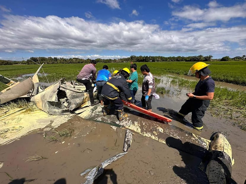 Rescuers retrieving a body from a crashed plane in Pilar, Bataan, where two Philippine air force aviators were killed.
