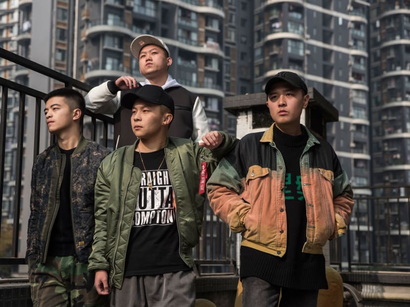 The rap band CD REV, led by Li Yijie, center, in Chengdu, China, on Dec. 7, 2016. The group has recorded a half-dozen patriotic music videos, most of them in English, featuring songs about China’s claims in the contested South China Sea and Mao’s legacy. Source: The New York Times