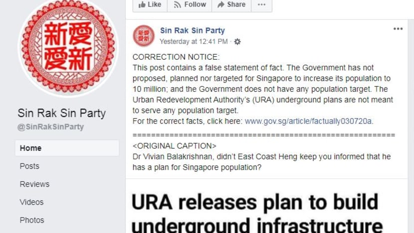 Correction directions issued to three people, Facebook page for posting screenshot, linking to TOC article on ‘10m population’ plan
