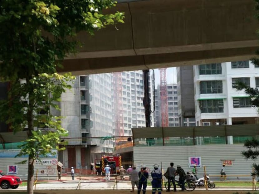 A fire broke out at a construction site at Punggol Drive Oct 25, 2014. Photo: Channel NewsAsia/Mark