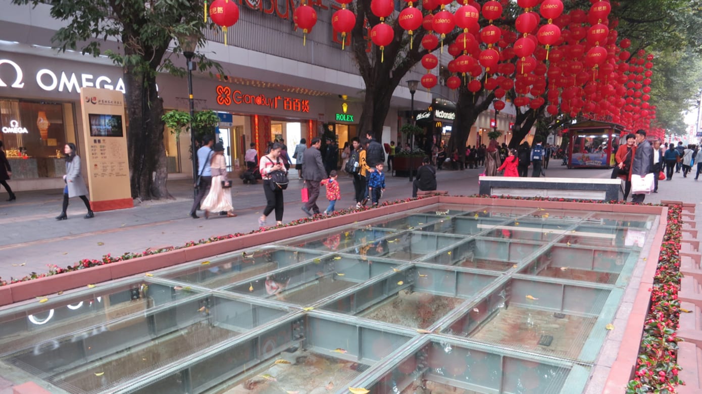 热闹步行街中央出现古代遗址展柜。（图：黄匡宁）