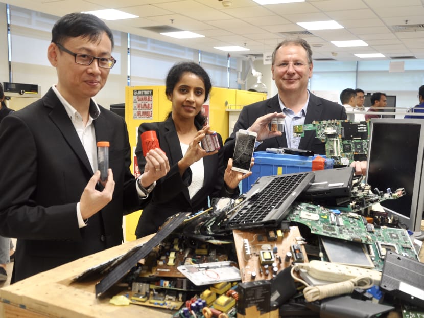 National Environment Agency's chief technology officer Patrick Pang with NTU Scarce’s co-directors, Professor Madhavi Srinivasan and Dr Jean-Christophe P Gabriel, at the showcase of their new research lab.