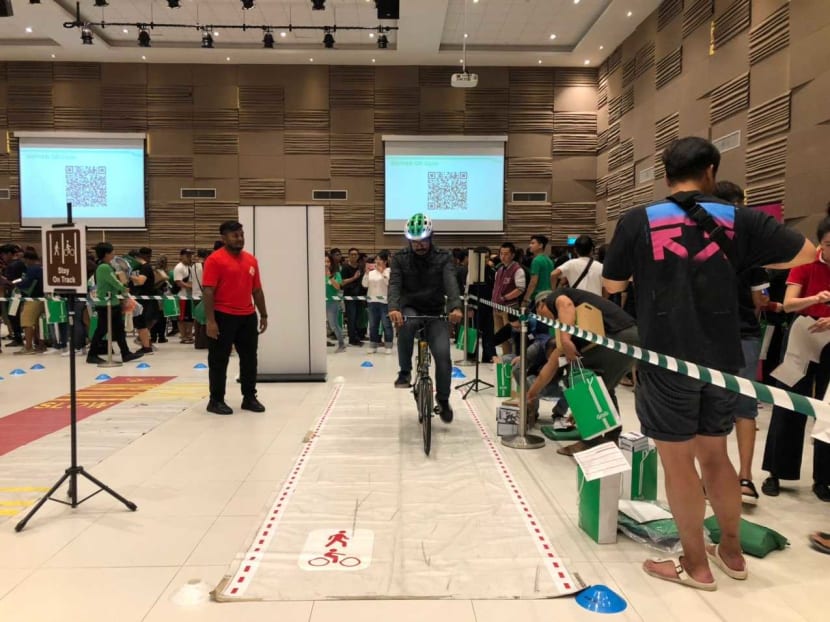 Food delivery rider Dzulfiqar Ismail at the bicycle station, part of a training course designed by Grab.