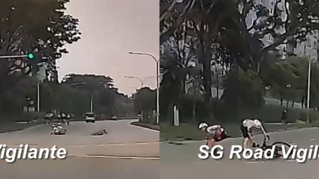 脚踏车骑士转弯打滑跌落路中 路过轿车乘客爆笑画面引议