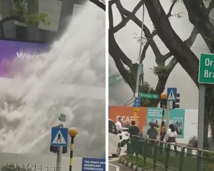 NEWater pipe leak in Orchard causes massive gush of water outside *Scape mall