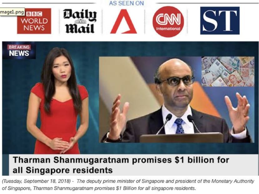 A screenshot of the website featuring the fabricated comments by Deputy Prime Minister Tharman Shanmugaratnam.