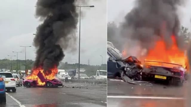 英国两车相撞  44万元蓝宝基尼瞬间爆炸烧成废铁