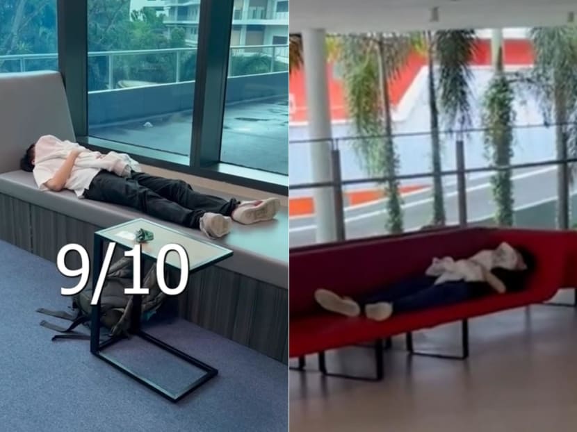 Screenshots from a video showing the various places that a TikTok user has slept at Ngee Ann Polytechnic.