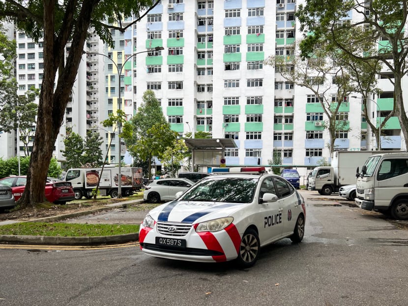 A police car seen patrolling the site of a Boon Lay Drive attack at about 4.30pm on April 7, 2022. 