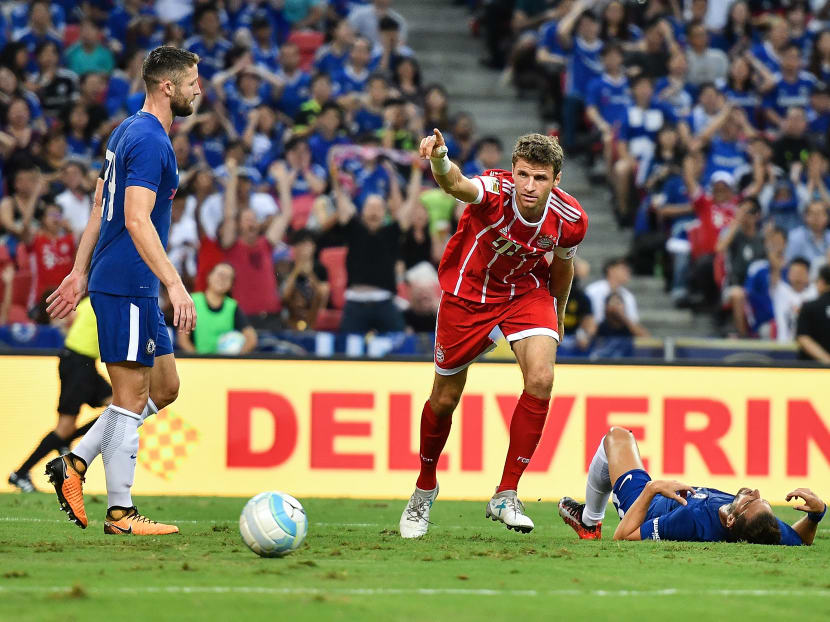 Thomas Muller #25 of FC Bayern Muenchen celebrates during the International Champions Cup match between Chelsea FC and FC Bayern Munich at National Stadium on July 25, 2017 in Singapore. Photo: 2017 International Champions Cup Singapore Thomas Muller #25 of FC Bayern Muenchen celebrates during the International Champions Cup match between Chelsea FC and FC Bayern Munich at National Stadium on July 25, 2017 in Singapore. Photo: 2017 International Champions Cup Singapore