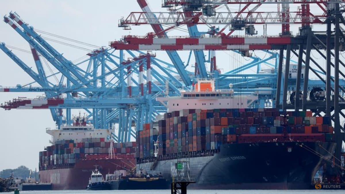 Docked cargo ships are loaded with shipping containers at Port Elizabeth, New Jersey, U.S., July 12, 2023. REUTERS/Mike Segar/File Photo