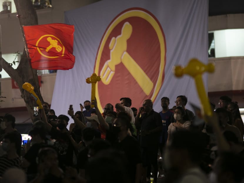 Workers' Party supporters gathered and cheered at Block 322 Hougang Avenue 5 in Hougang SMC as the GE2020 results were announced. Workers' Party supporters gathered and cheered at Block 322 Hougang Avenue 5 in Hougang SMC as the GE2020 results were announced.