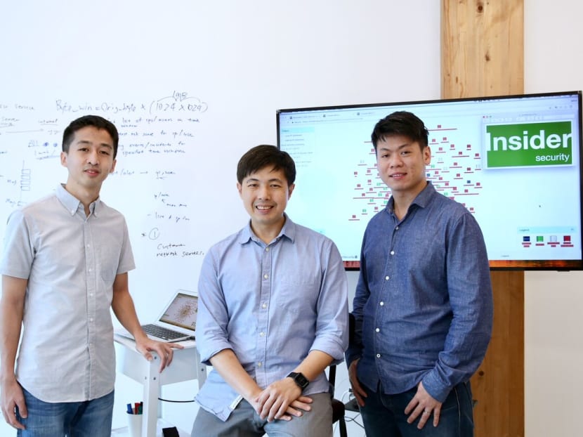 (From left to right): InsiderSecurity's algorithm engineer Heng Wancong, and co-founders Jonathan Phua and Chen Kin Siong.