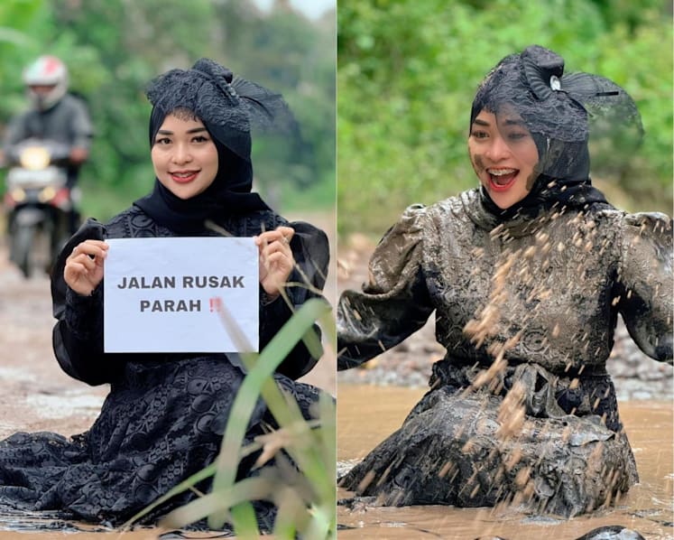 #trending: Indonesian woman goes 'swimming' in muddy potholes to protest poor road conditions in Sumatra province