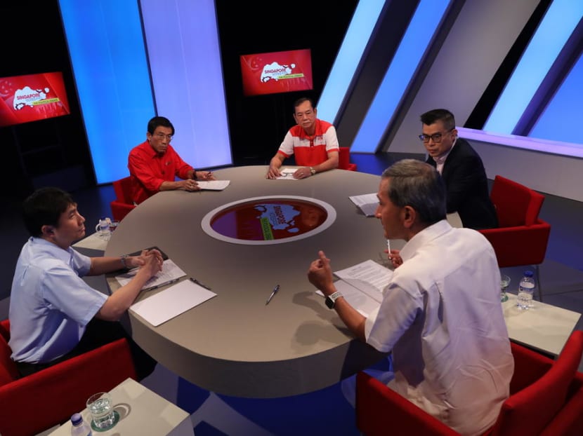 Clockwise from right: Dr Vivian Balakrishnan, Dr Jamus Lim, Dr Chee Soon Juan, Mr Francis Yuen and moderator Jaime Ho from Mediacorp in a live televised political debate on July 1, 2020.