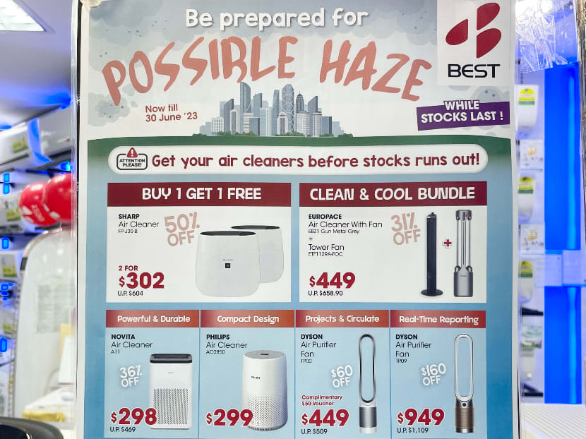 An advertisement promoting air purifiers at Best Denki's outlet in Junction 8 shopping mall.