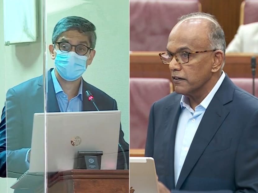 Mr Leon Perera (left), Workers' Party Member of Parliament, and Law and Home Affairs Minister K Shanmugam (right) speaking during a Committee of Supply debate on March 3, 2022. Mr Leon Perera (left), Workers' Party Member of Parliament, and Law and Home Affairs Minister K Shanmugam (right) speaking during a Committee of Supply debate on March 3, 2022.