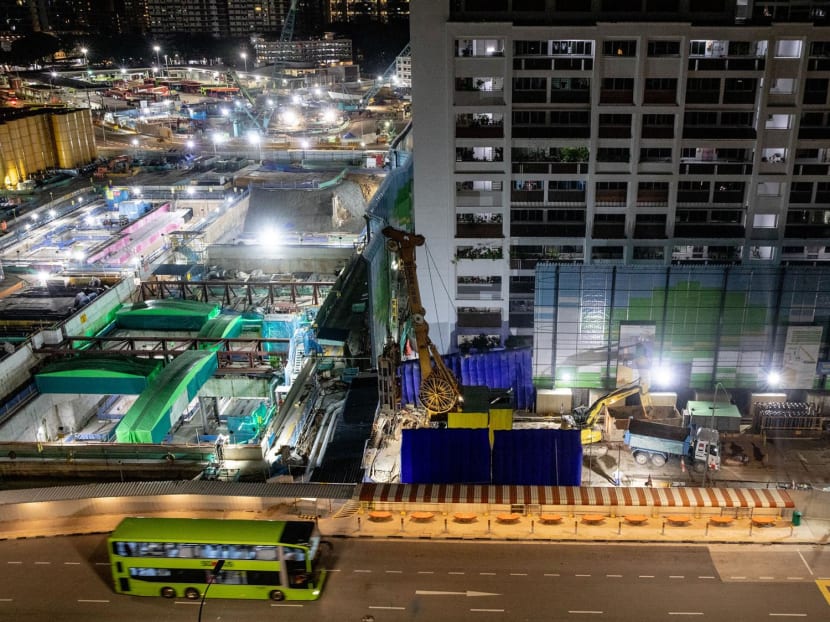 A construction site next to a public housing block at Hougang Avenue 10. The construction was still going on at about 11pm on April 15, 2024. A construction site next to a public housing block at Hougang Avenue 10. The construction was still going on at about 11pm on April 15, 2024.