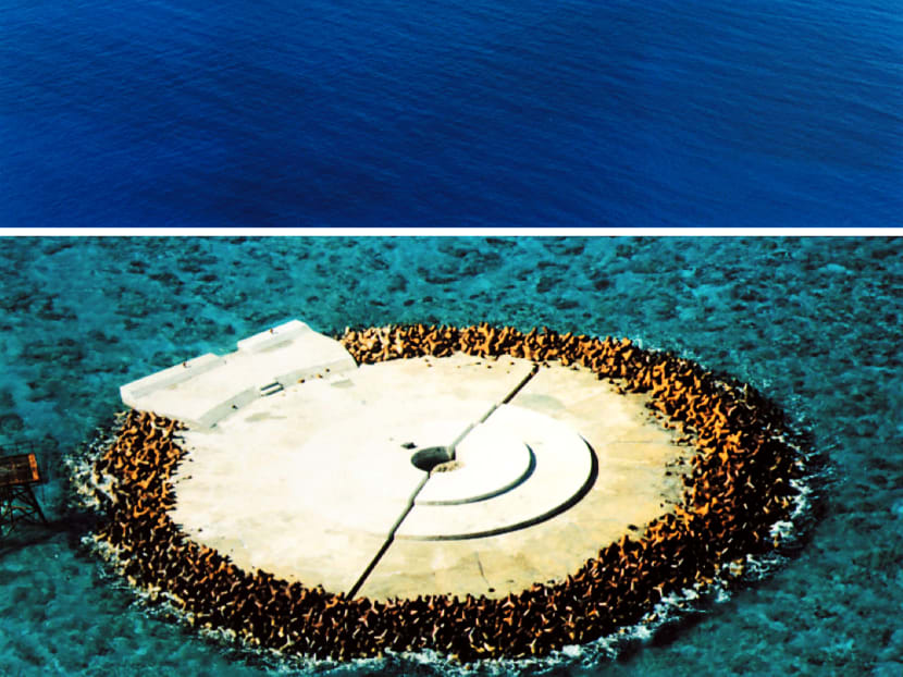 This undated combo received on March 10, 2010 shows handout images released from Japan’s Land, Infrastructure and Transport Ministry of a wide shot and close up of Japan’s coral island Okinotorishima, 1,700 km south of Tokyo in Pacific Ocean. Photo: AFP