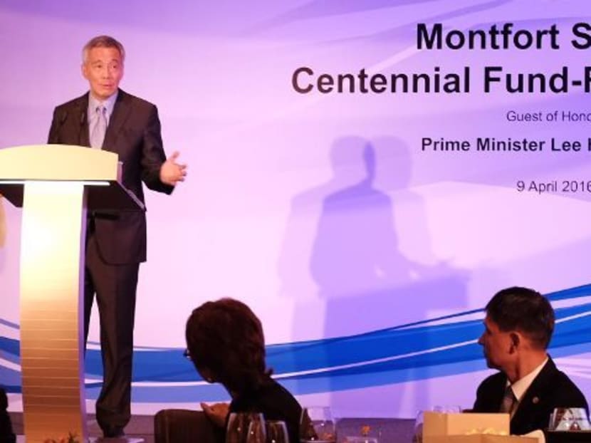 Prime Minister Lee Hsien Loong speaking at the 100th anniversary celebrations of Montfort Schools' founding on April 9, 2016. Photo: Loke Kok Fai/Channel NewsAsia Prime Minister Lee Hsien Loong speaking at the 100th anniversary celebrations of Montfort Schools' founding on April 9, 2016. Photo: Loke Kok Fai/Channel NewsAsia