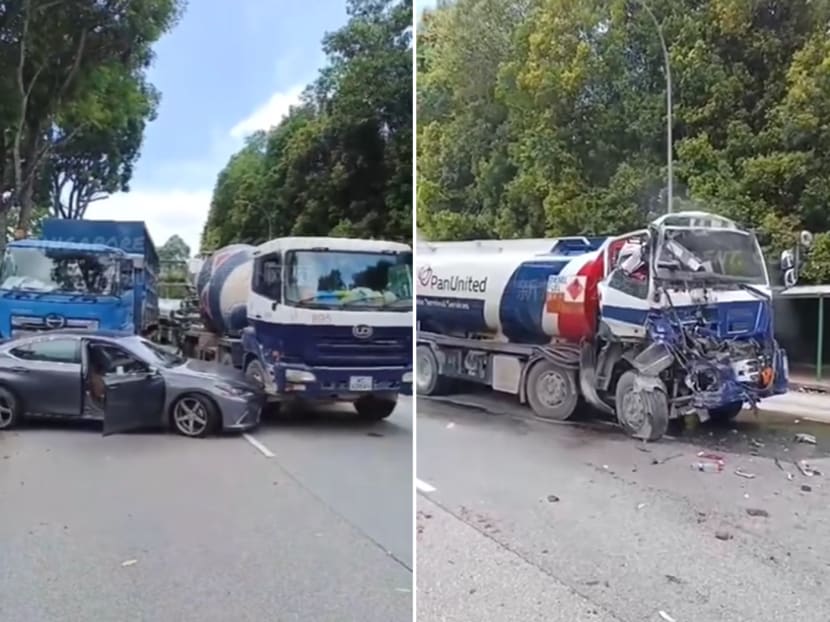 Screenshots from a video clip showing a heavily damaged road tanker (right) and other vehicles involved in the accident on Jan 29, 2024.