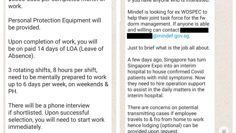 Ex-SAF regulars being sought to manage dorms, but messages asking for personal details are fake: Mindef