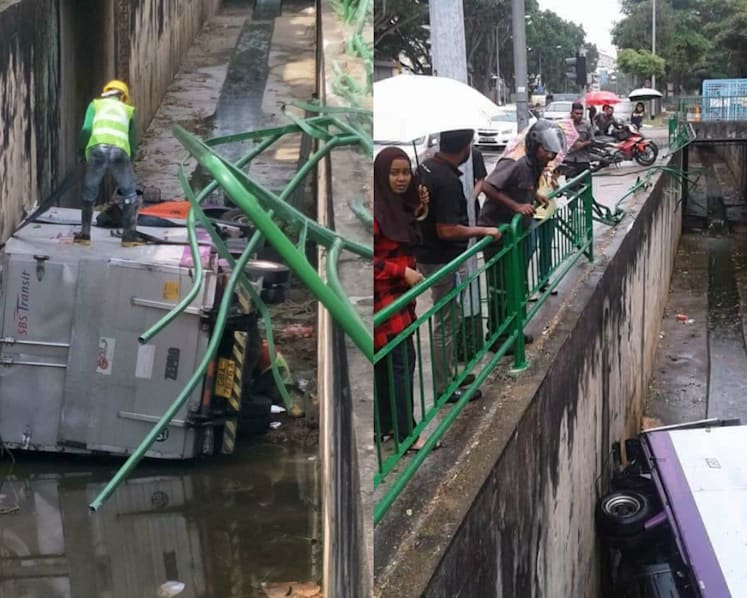 2 injured after truck plunges into Bedok monsoon drain