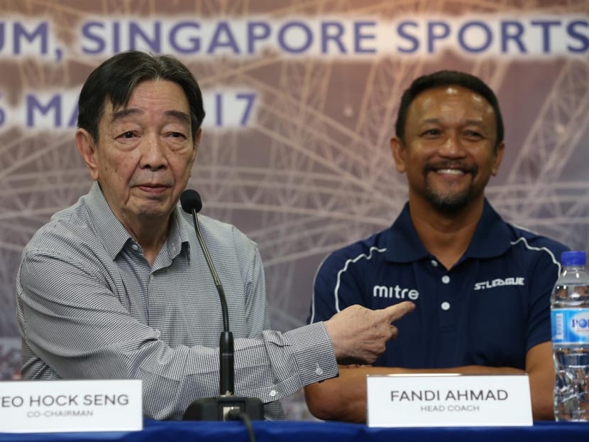 Fandi (right, with FAS vice-president Teo Hock Seng) said the lack of facilities is the biggest problem facing Singapore’s aspiring national footballers. Photo: Wee Teck Hian
