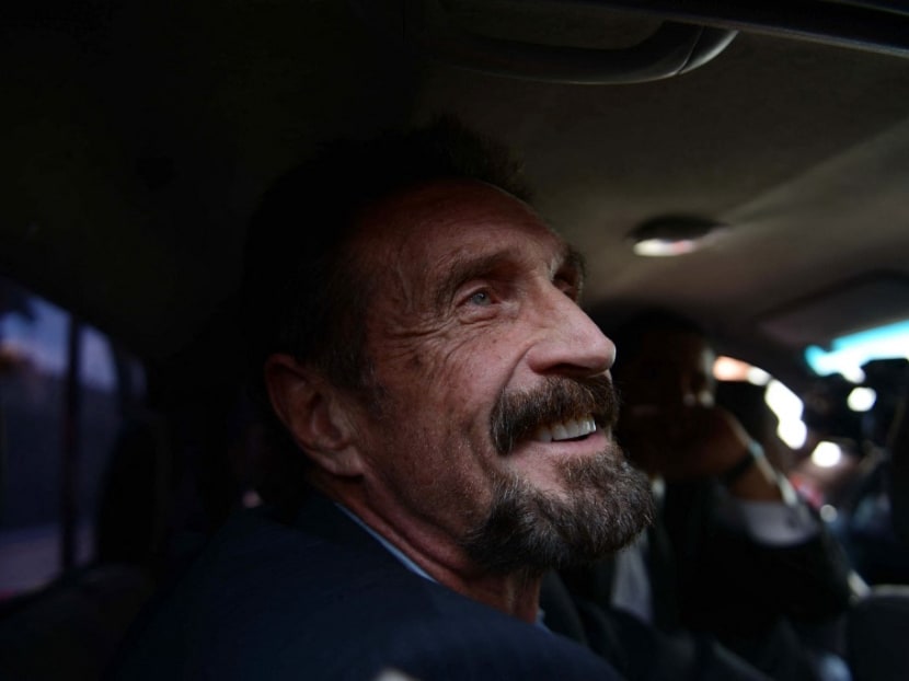 US antivirus software pioneer John McAfee smiles as he arrives at the Aurora international airport in Guatemala City on December 12, 2012.