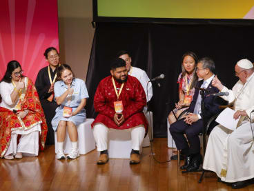 Pope Francis takes part in an interreligious meeting with youth at Catholic Junior College on Sept 13, 2024.