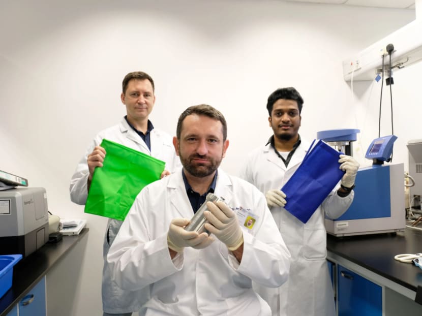 (Left to right) Members of the Nanyang Technological University research team include Dr Andrei Veksha, senior research fellow at the Residues & Resource Reclamation Centre at the Nanyang Environment and Water Research Institute, Assistant Professor Grzegorz Lisak, and research associate Ashiq Ahamed.