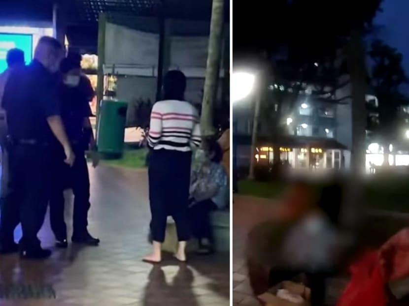 A screen grab from an online post that accused police officers of bullying an elderly woman in Yishun for not wearing a mask (left). Footage from a police officer’s body-worn camera shows police handing food to a woman (right). A screen grab from an online post that accused police officers of bullying an elderly woman in Yishun for not wearing a mask (left). Footage from a police officer’s body-worn camera shows police handing food to a woman (right).