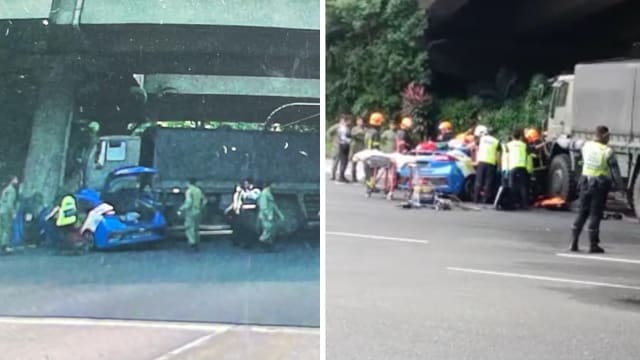 先驱北路德士与武装部队卡车相撞 德士司机被卡驾驶座