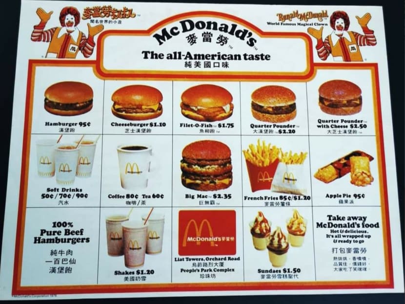 A photo showing a McDonald's Singapore menu from the 1980s, after its first outlet opened at Liat Towers in October 1979.