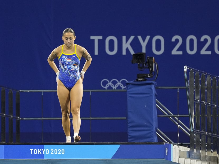 Freida Lim of Singapore competes in the preliminary round of the women's diving 10m platform at the Tokyo Aquatics Centre during the 2020 Summer Olympics on Aug 4, 2021.